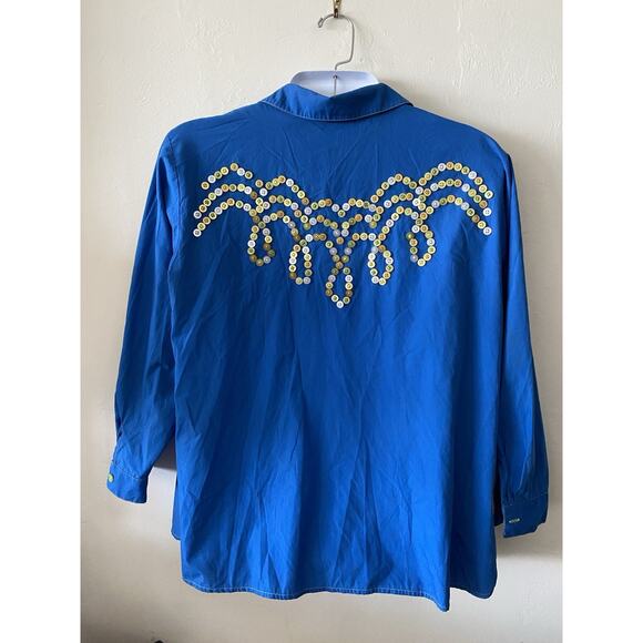 Bob Mackie Wearable Art Cotton Blend Blouse Top Cockney Button Motif Size 1X - Picture 2 of 6